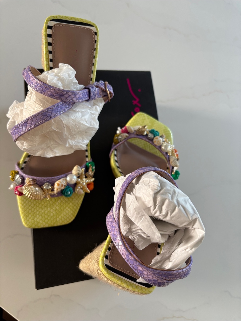 Betsey Johnson Yellow & Purple Floral Pearl Embellished Block Heel Sandals - Picture 5 of 11